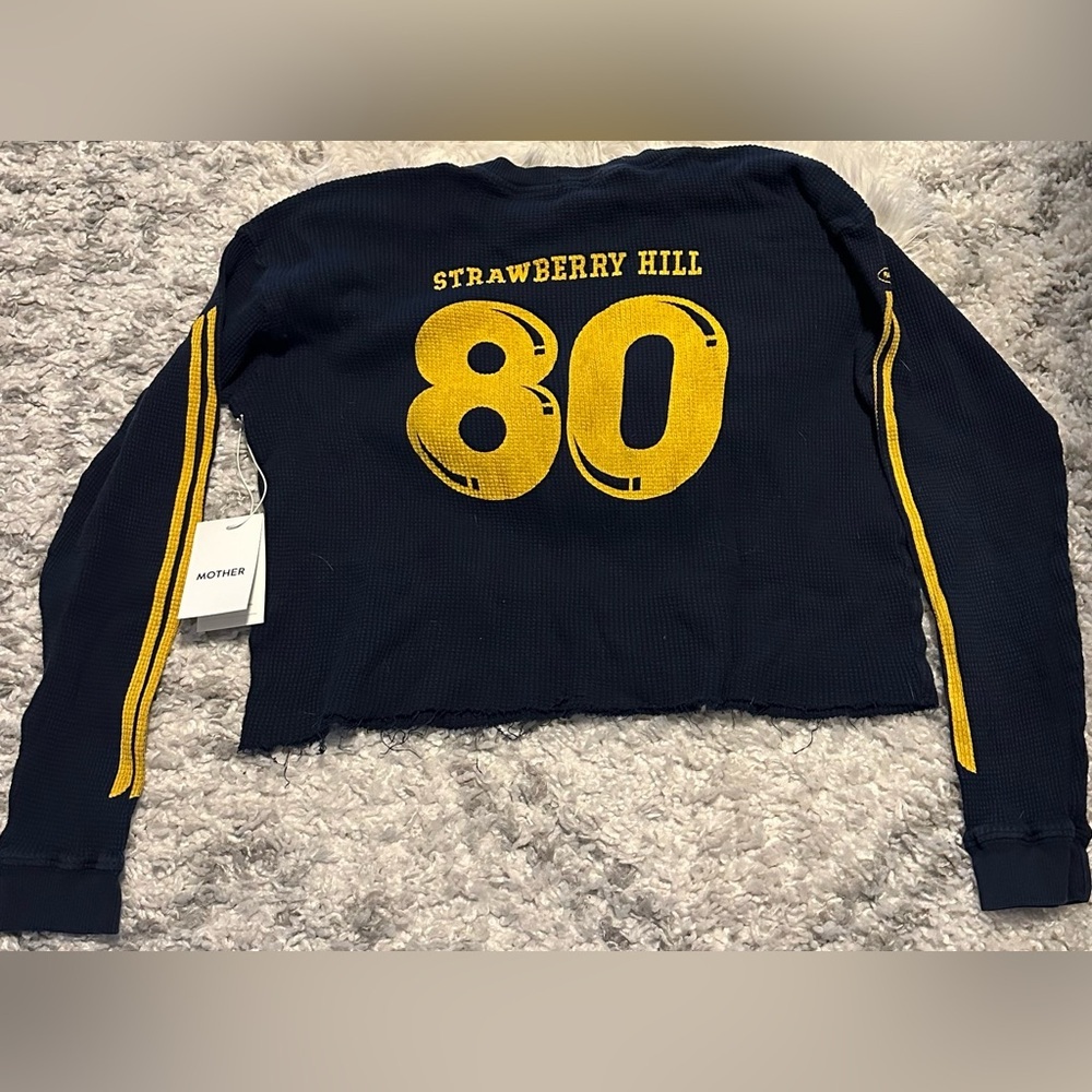 MOTHER Navy / Yellow Long Sleeve Racing Thermal Waffle Cropped Tee. RARE! - Picture 6 of 7